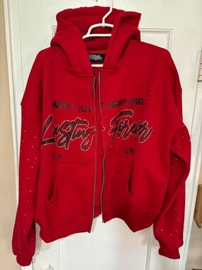 ETERNAL NIGHTMARES WITH CRYSTAL STONES On Sleeves Red Zip-Up Hoodie Jacket MENS